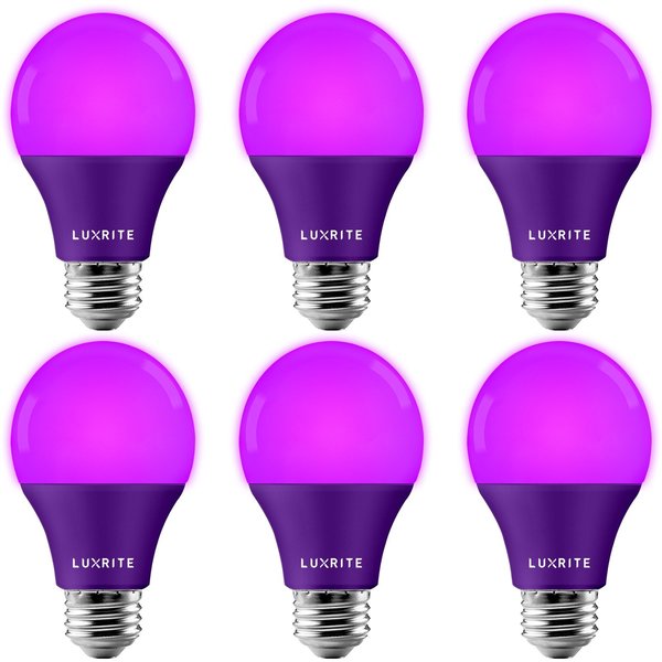 Luxrite A19 LED Light Bulbs 8W (60W Equivalent) Purple Colored Bulbs Non-Dimmable E26 Base 6-Pack LR21494-6PK
